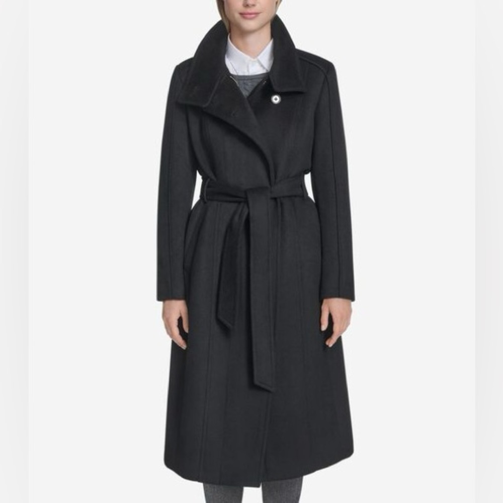 Cole Haan Women's Slick Wool Belted Coat In Black Size 14 New